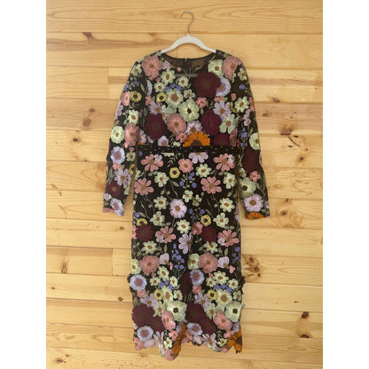 Mac Duggal Floral Applique Long Sleeve Midi Dress Black Multi Sz 10 STYLE 68462