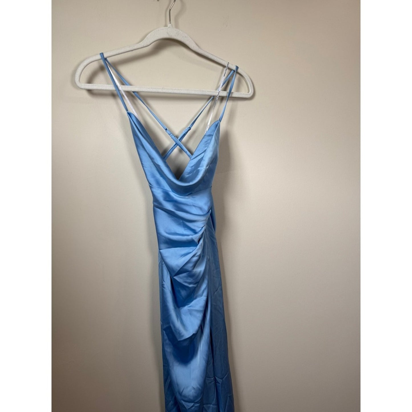 Katie May Los Angeles Blue Satin Cowl Neck Maxi Gown Dress NWT Defect