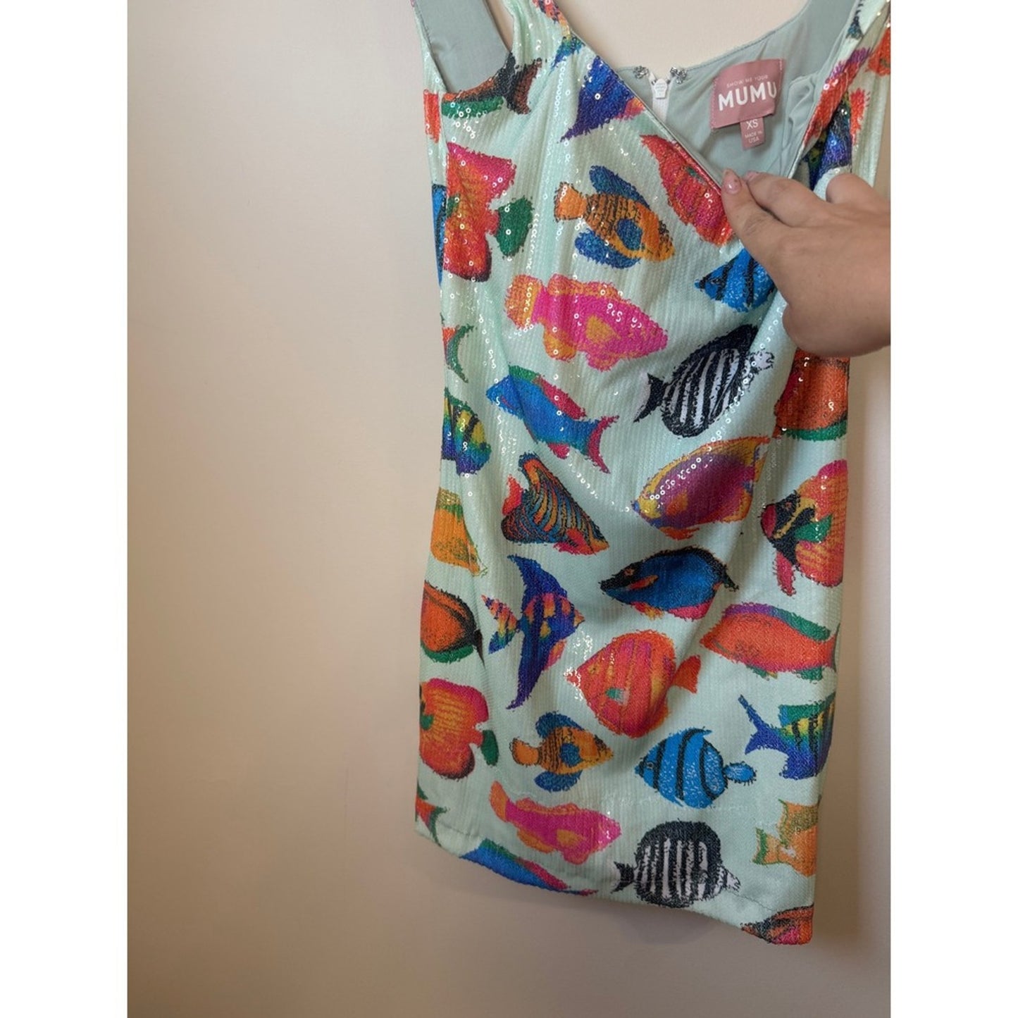 Show Me Your Mumu Tropical Fish Sequin Mini Dress Mint Green XS Square Neck
