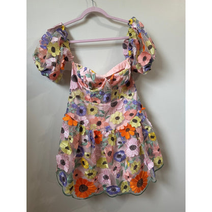 For Love & Lemons Pink Floral Embroidered Bustier Mini Dress Puff Sleeve New