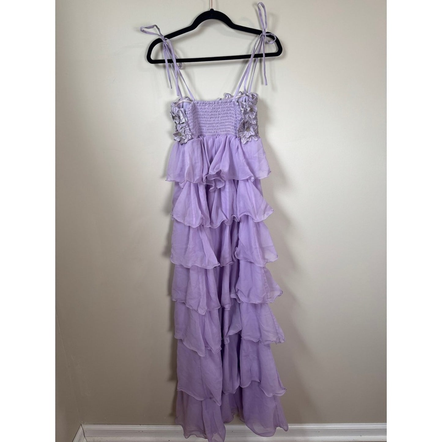 Show Me Your Mumu Lilac Ruffle Maxi Dress Floral Beaded Tiered Chiffon Small