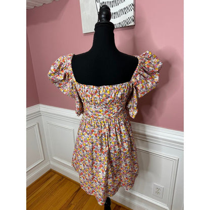 For Love & Lemons Libby Mini Dress in Orange Floral‎ Small Short Sleeve Lined