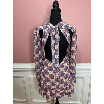For Love & Lemons Clover Mini Dress in Lilac Print Small Long Sleeve‎ Backless