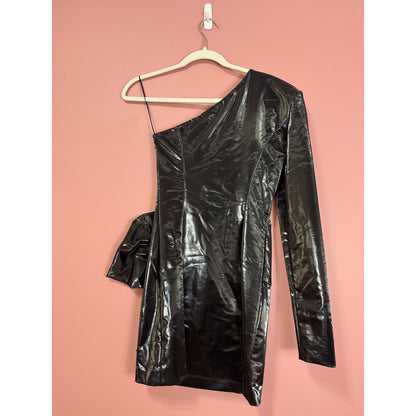 Faith Connexion Faux Patent Leather One Shoulder Bow Mini Dress in Black Size Small