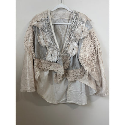 Jaded Gypsy Boho Crochet Lace Fringe Jacket Linen Blend Neutral Mixed Media S/M