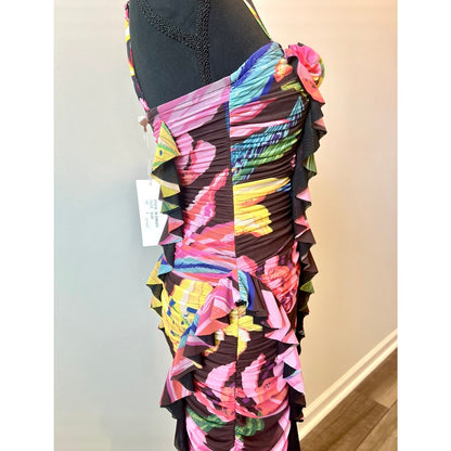 Rococo Sand Chris Midi Dress in Black Small Floral Ruffle Ruched Stretch Lined