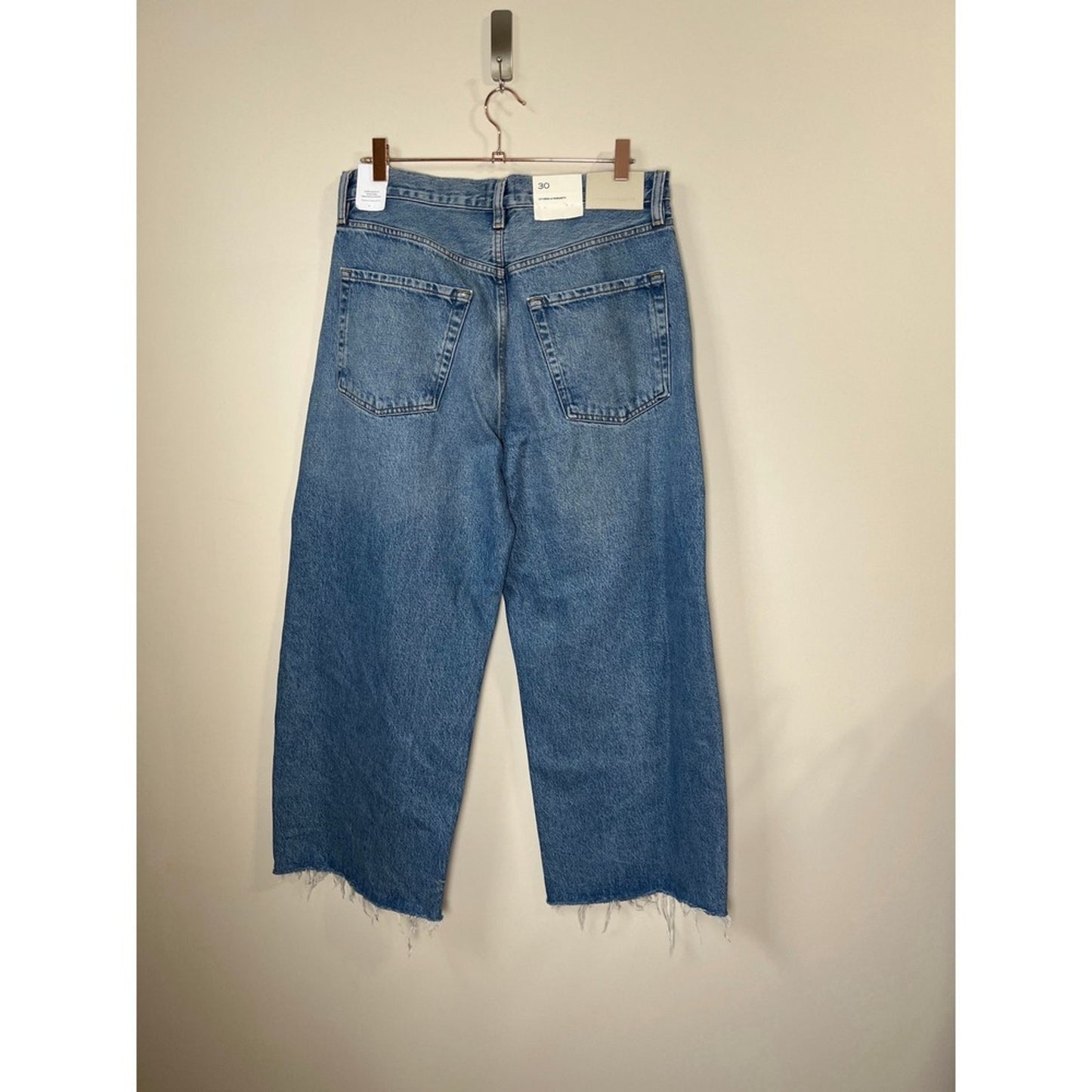 Citizens of Humanity Wide Leg Jeans Distressed Cropped Raw Hem Blue Wash Size 30
