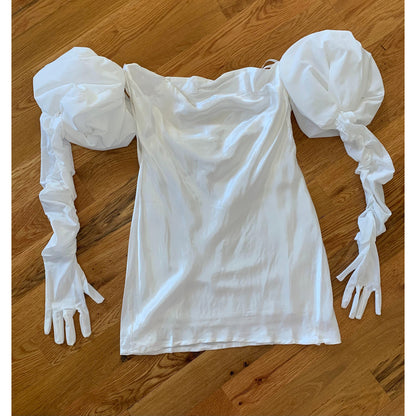 For Love & Lemons Hazel Mini Dress White Large Satin Long Sleeve Pullover Lined