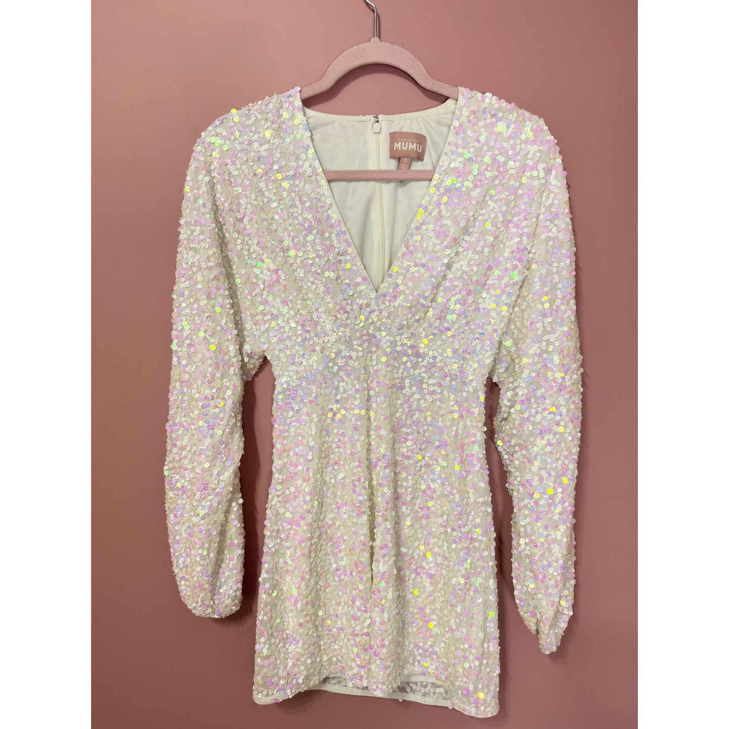 NEW Show Me Your Mumu Kidman Long-Sleeve Sequin Mini Dress in White Size Small