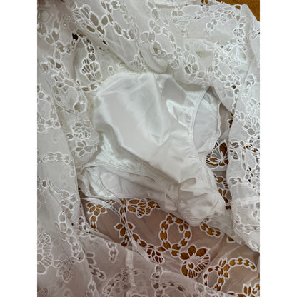 For Love & Lemons Romi Midi Dress in White Small Floral Eyelet Puff Sleeve