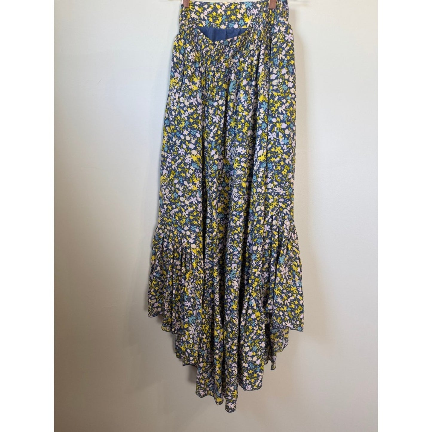 Free People Floral Two Piece Set Crop Top High Low Maxi Skirt XS Navy Yellow