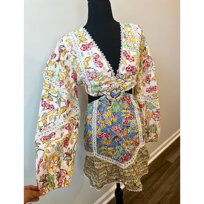 Hemant and Nandita Blue Printed Preet Mini Dress Large Floral Cut-Out Lined