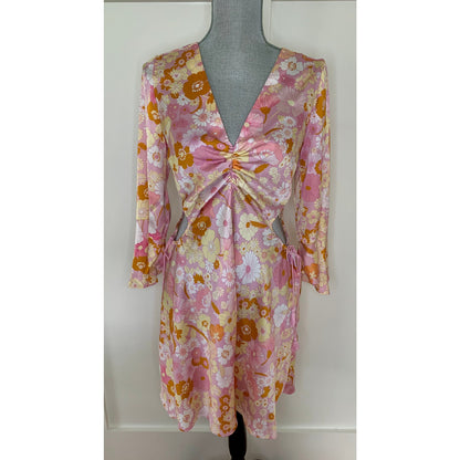 Maje Flower Power Print Satin Dress Size 40 Knee Length Long Sleeve Tasseled
