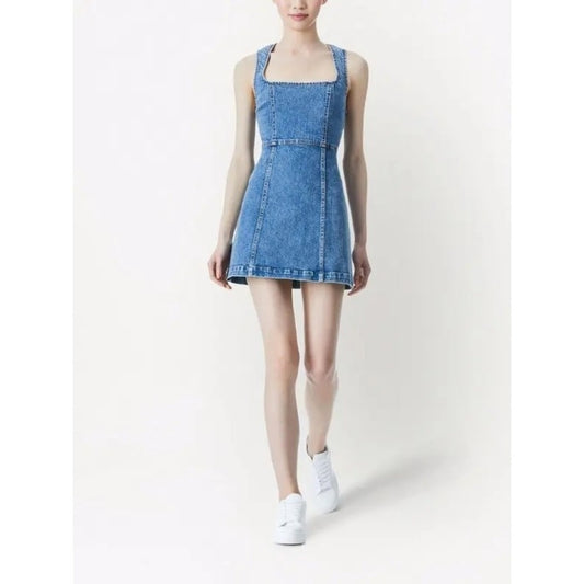 Alice + Olivia Jeans Blue Denim Mini Dress Square Neck A-Line Sleeveless Size S