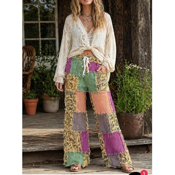 Jaded Gypsy Patchwork Boho Wide Leg Pants Multi Floral Frayed L/XL NEW