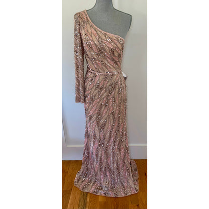 MacDuggal One Shoulder Sequin Gown Maxi in Pink/Silver Size 8 Beaded Long Sleeve