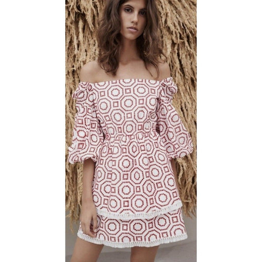 ALEXIS White Red Geometric Embroidered Tiered Square Neck Mini Dress M
