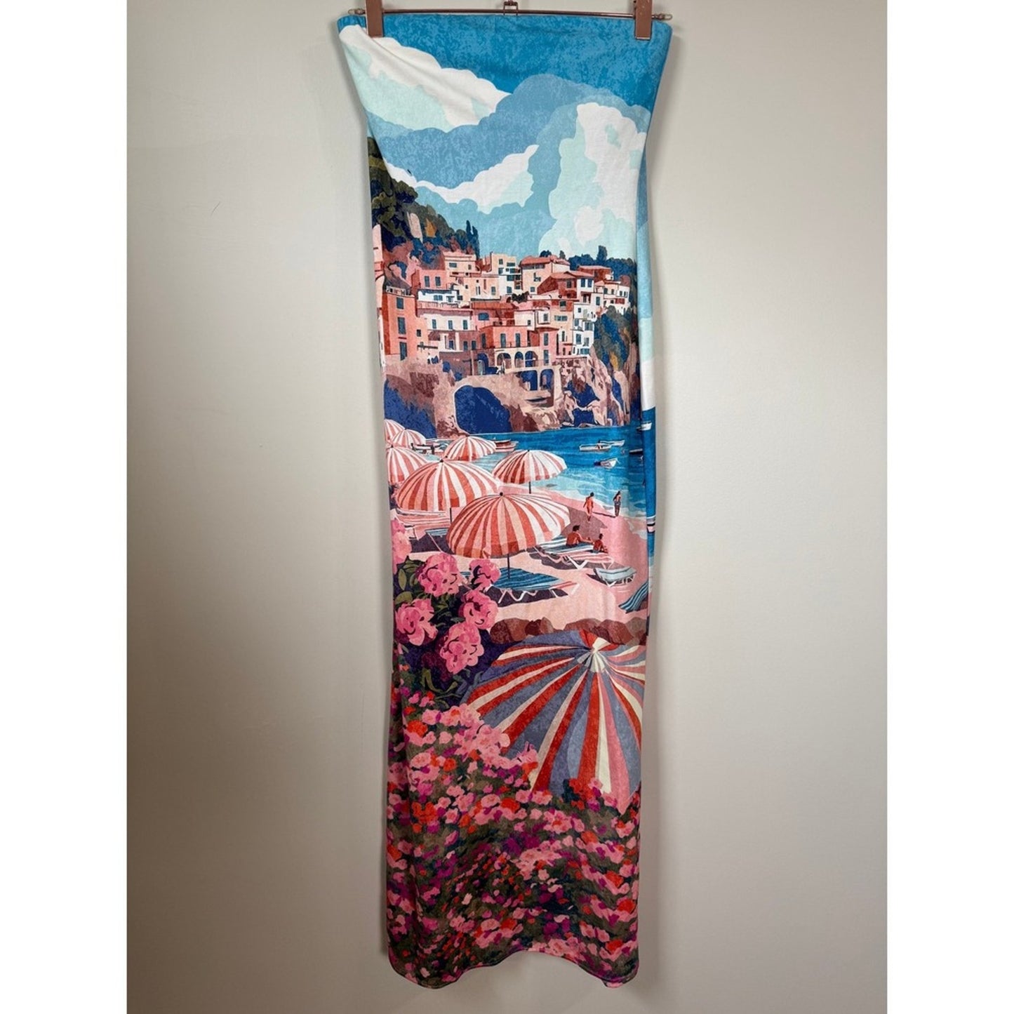Show Me Your Mumu Mediterranean Coastal Print Strapless Bodycon Maxi Dress Blue