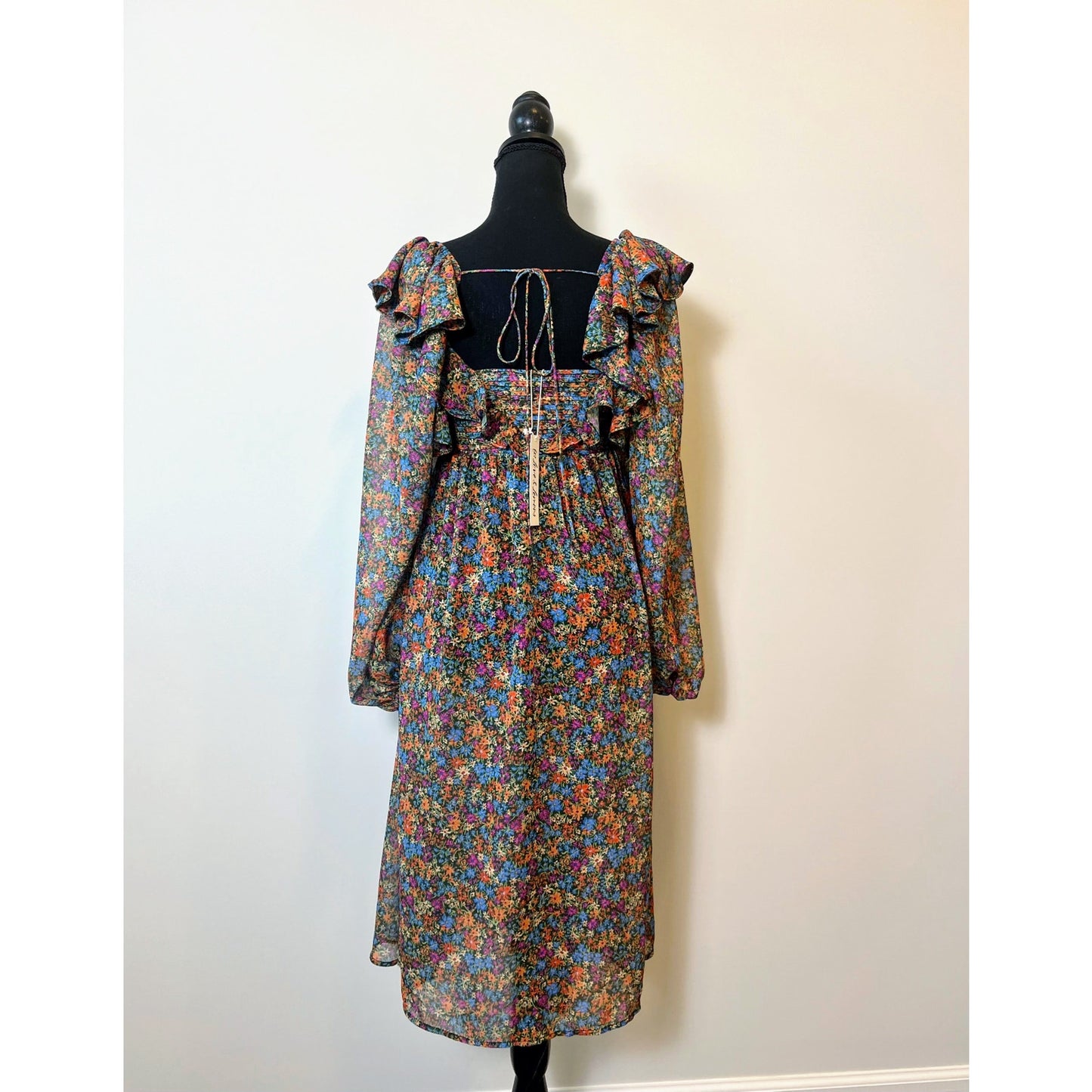 For Love & Lemons Brittany Midi Dress in Blue Size XS Ditsy Floral Long Sleeve