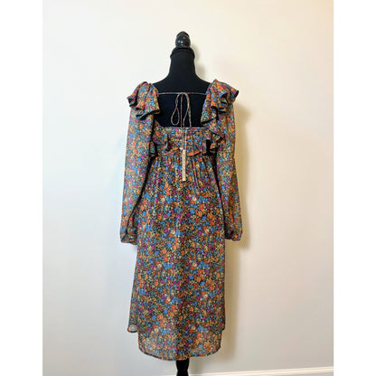 For Love & Lemons Brittany Midi Dress in Blue Size XS Ditsy Floral Long Sleeve