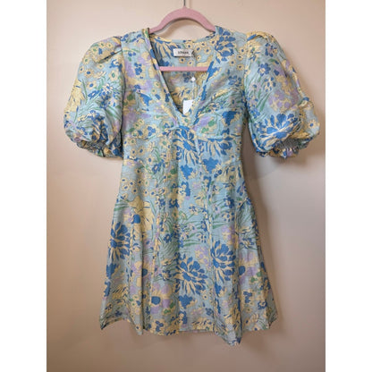Lovaan Floral Puff Sleeve Mini Dress Blue Yellow V-Neck Summer Garden Party NEW