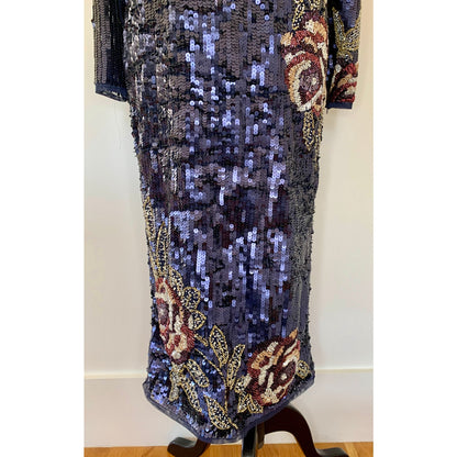 Mac Duggal Metallic Floral Midi Sequin in Midnight Dress Size 8 Long Sleeve