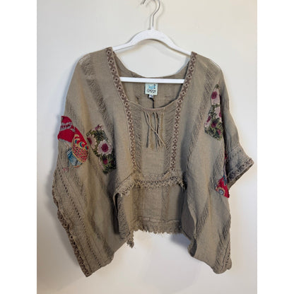 Jaded Gypsy Boho Patchwork Poncho Top Tunic Kimono Khaki