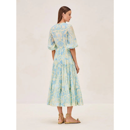 NEW Alexis Vilas Blue and Green Long Sleeve Printed Maxi Dress Size Small
