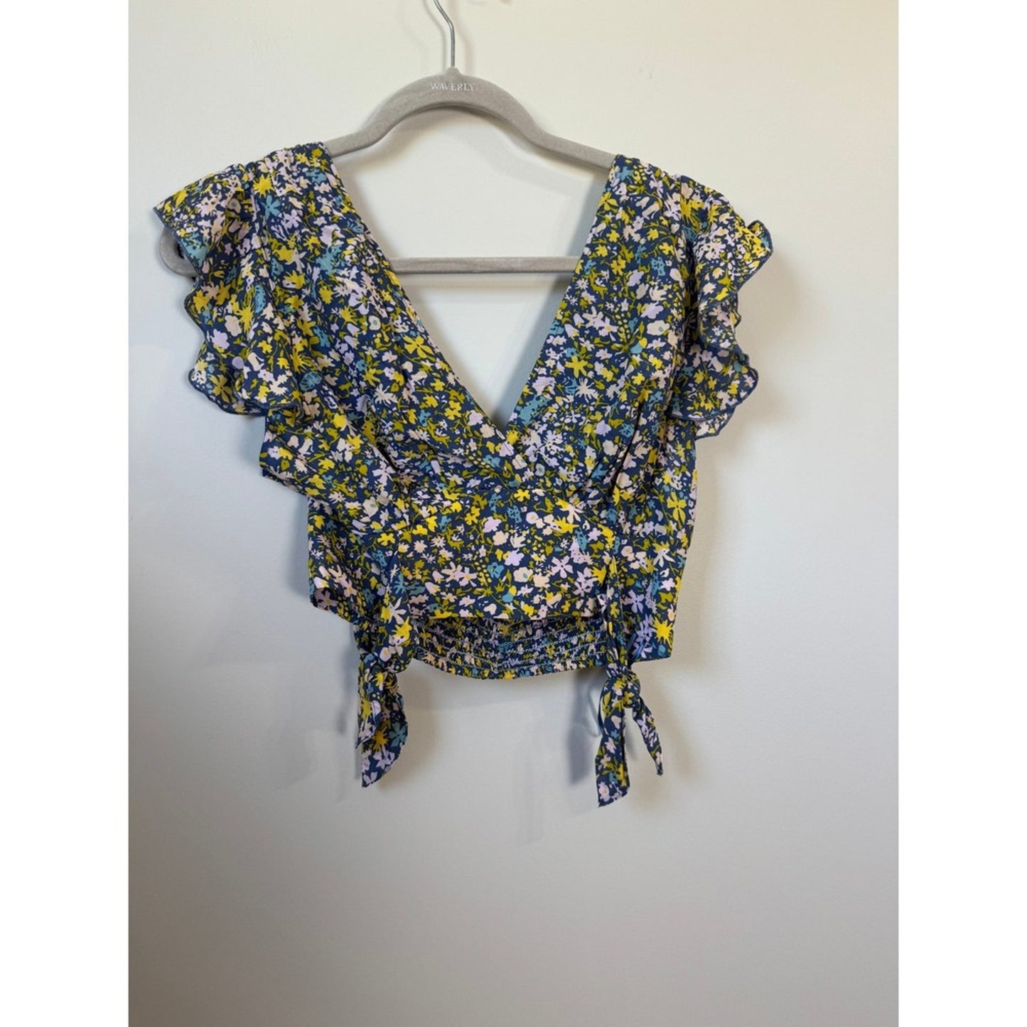 Free People Floral Two Piece Set Crop Top High Low Maxi Skirt XS Navy Yellow