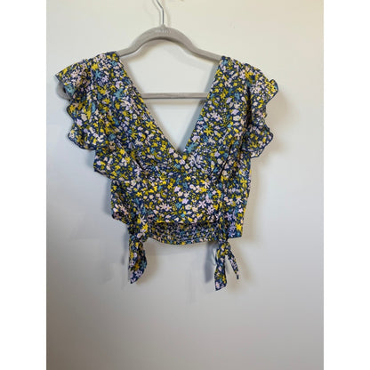 Free People Floral Two Piece Set Crop Top High Low Maxi Skirt XS Navy Yellow