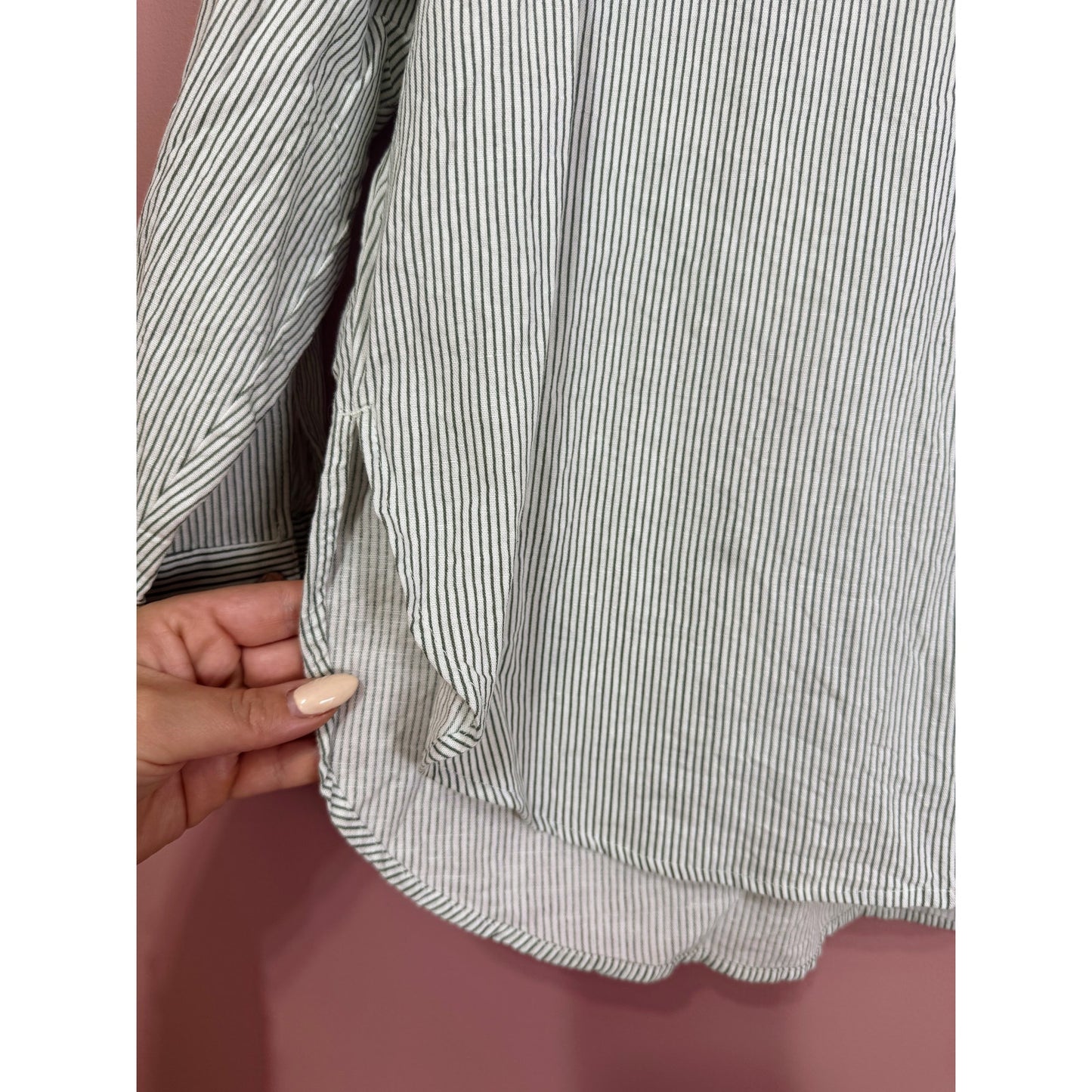 Zara Green Stripe Linen Blend Button Down Blouse Size Medium