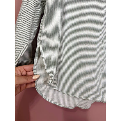 Zara Green Stripe Linen Blend Button Down Blouse Size Medium