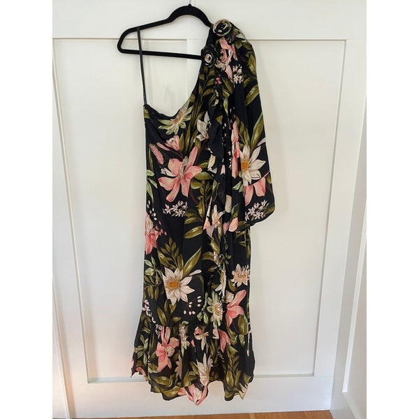 FARM Rio One Shoulder Maxi Dress Black Floral Print Ruffle Sleeve Size L