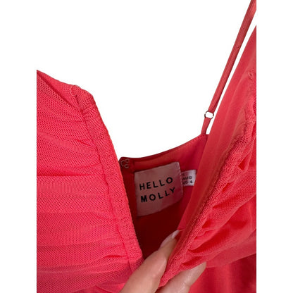 Hello Molly Coral Pink Ruched Mesh V Neck Bodycon Mini Dress Womens US 4