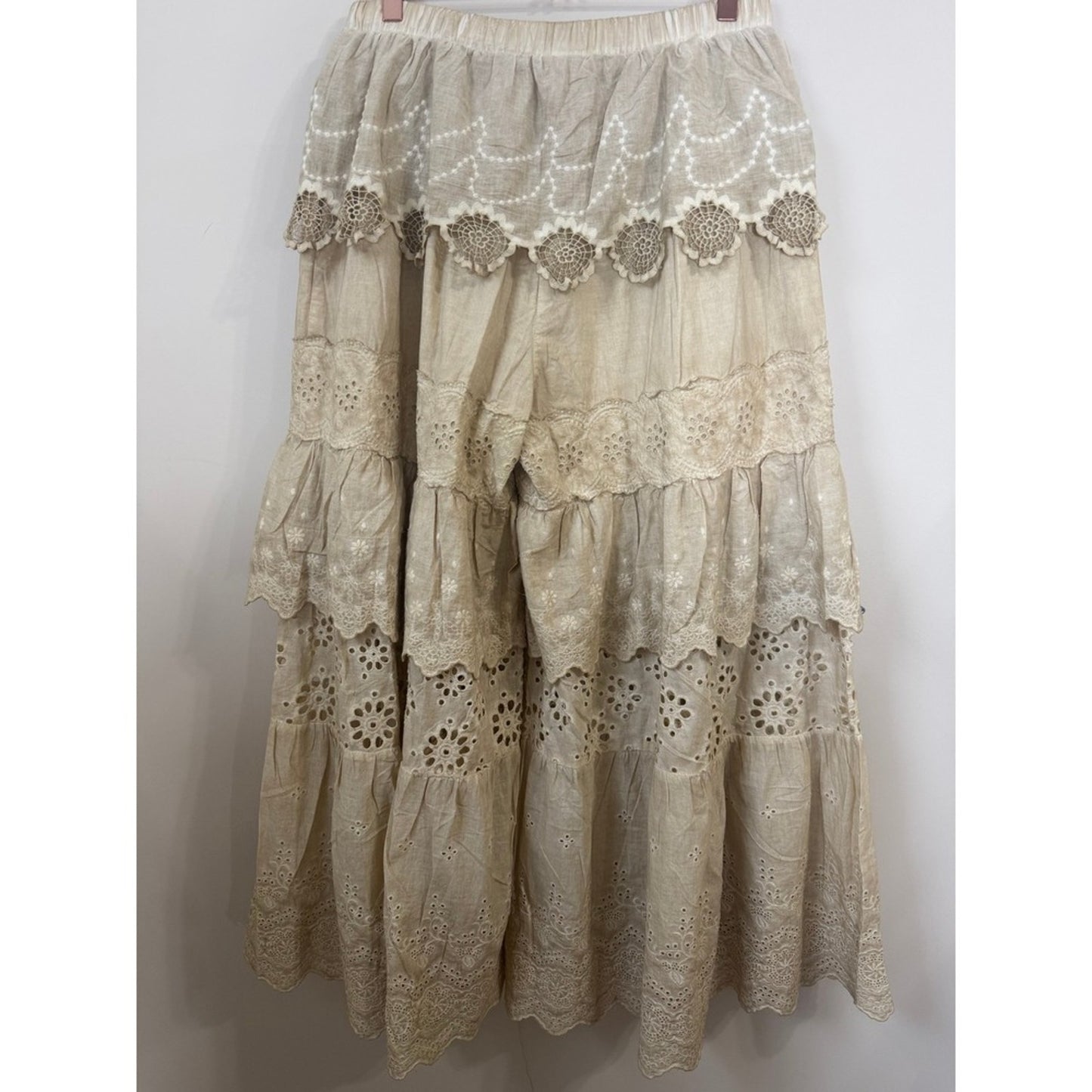 Jaded Gypsy Boho Tiered Eyelet Lace Wide Leg Pants Beige Ruffle Lagenlook Pants