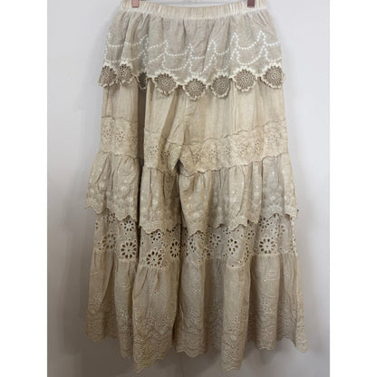 Jaded Gypsy Boho Tiered Eyelet Lace Wide Leg Pants Beige Ruffle Lagenlook Pants