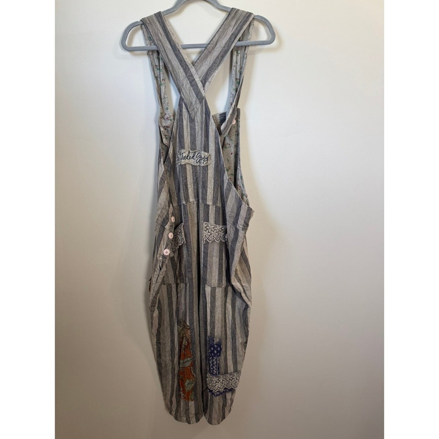 Jaded Gypsy Boho Patchwork Striped Overalls Grey White Lace Trim Slouchy Womens