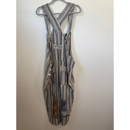 Jaded Gypsy Boho Patchwork Striped Overalls Grey White Lace Trim Slouchy Womens