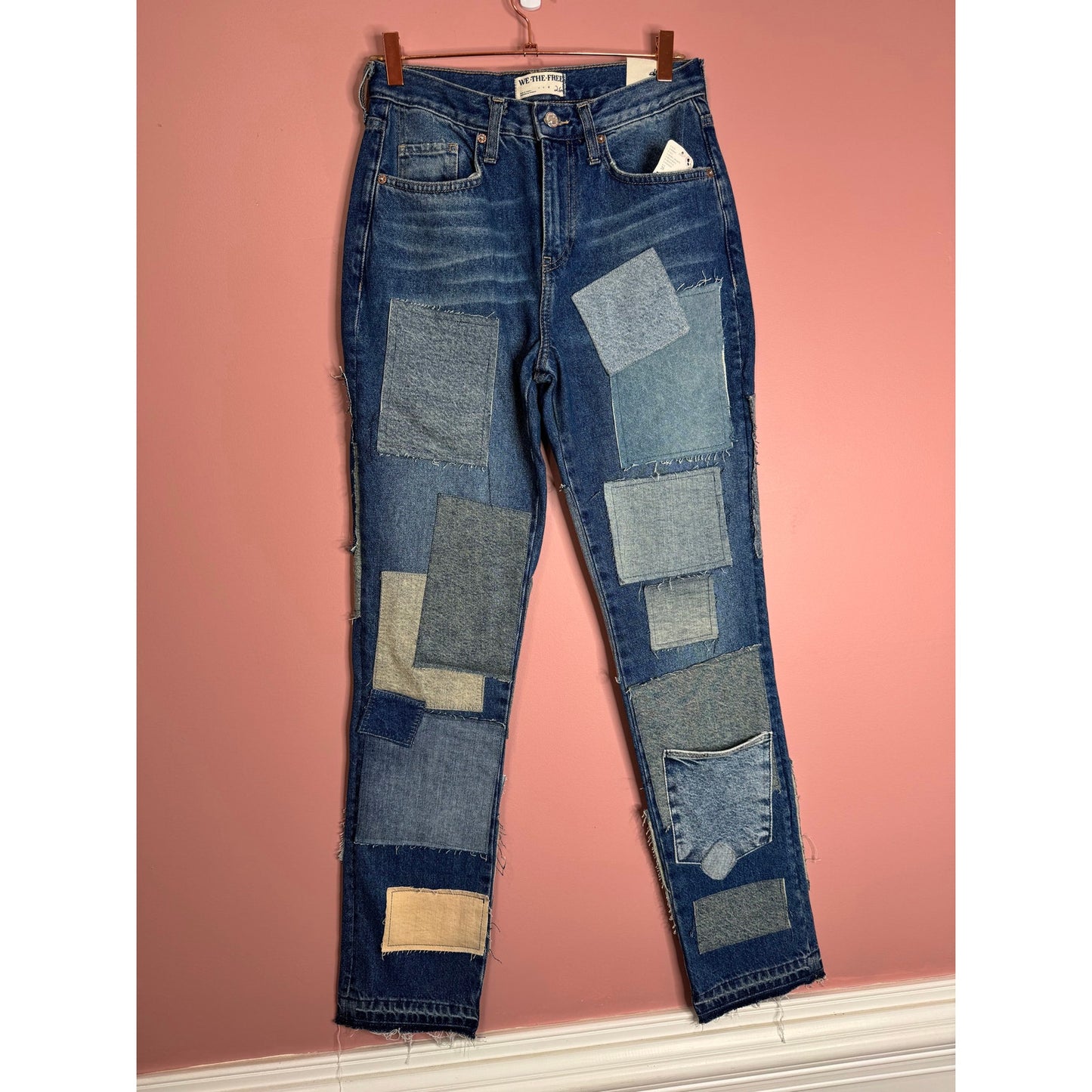 Free People Bare With Me Jeans in Blue Size 26 Patchwork Mid-Rise Straight Leg