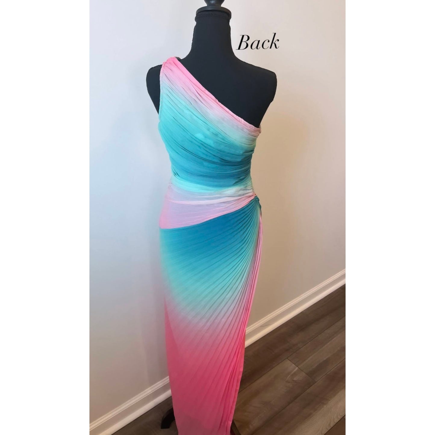 Rococo Sand Luca Maxi Dress in Ombre Medium One Shoulder Pleated Side Slit Lined