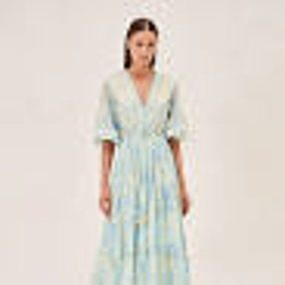 NEW Alexis Vilas Blue and Green Long Sleeve Printed Maxi Dress Size Small