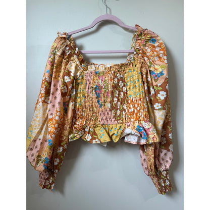Spell & The Gypsy Collective Patchwork Floral Smocked Crop Top Mustard Orange