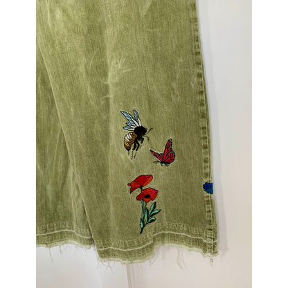 We The Free Wide Leg Jeans in Army Green Sz 26 Denim Ultra High Rise Embroidered