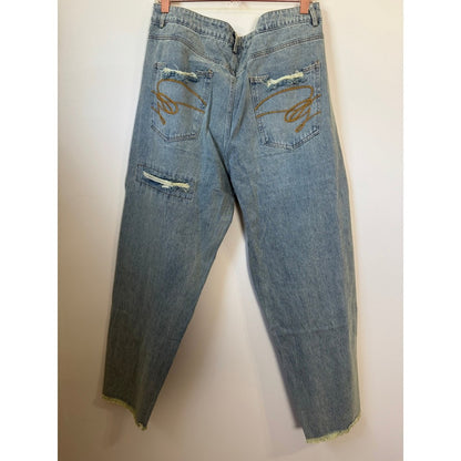Jaded Gypsy Distressed Patchwork Relaxed Fit Jeans Light Wash Blue O/S NWT