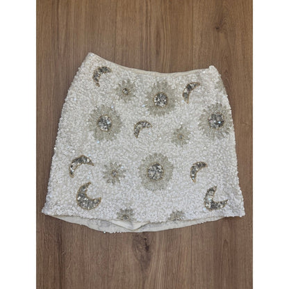 Show Me Your Mumu White Sequin Celestial Sun Moon Star Mini Skirt Women Small