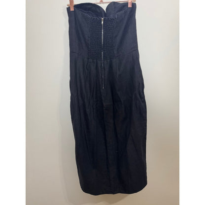 Reformation Black Linen Strapless Bustier Midi Dress with Front Slit