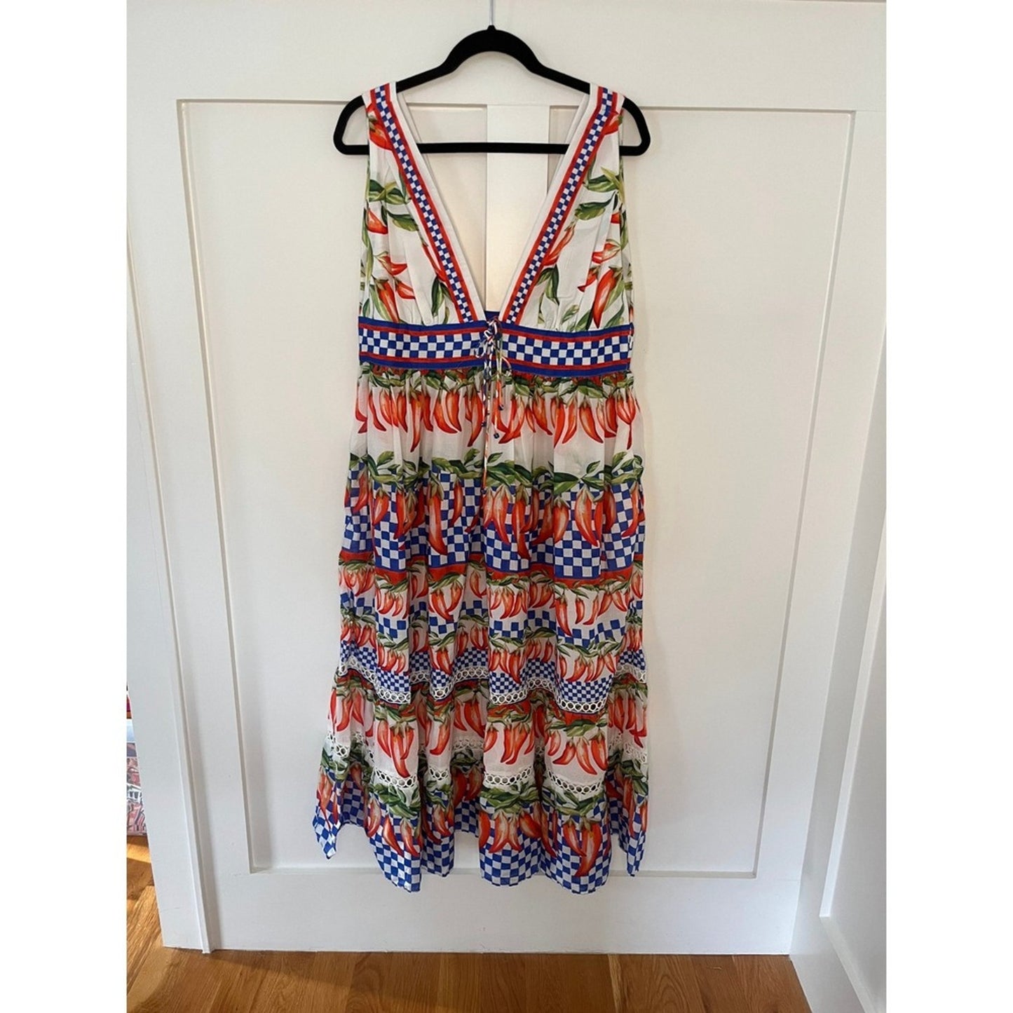 Farm Rio Pepper Print Maxi Dress V Neck Sleeveless Tiered Ruffle XL