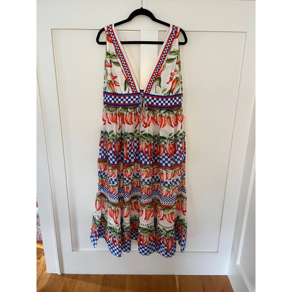 Farm Rio Pepper Print Maxi Dress V Neck Sleeveless Tiered Ruffle XL