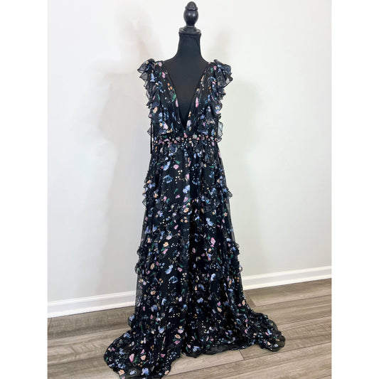 Ieena for Mac Duggal Ruffled Floral Print Cap Sleeve Gown Size 8