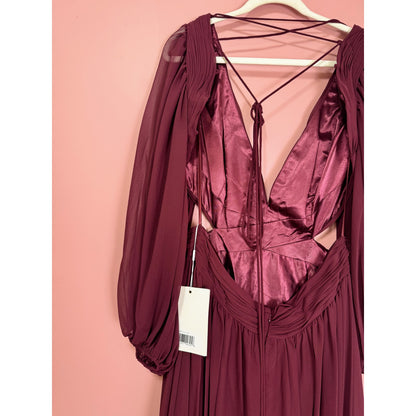 NEW NWT Mac Duggal Pleated Cut Out Long Sleeve Lace Up Tiered Gown STYLE 67948 Size 16 Plum